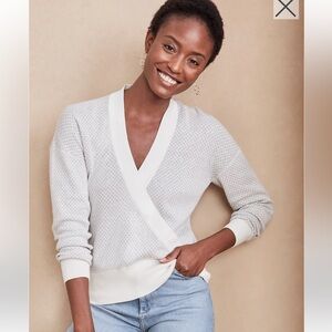 Garnet Hill Faux Wrap Tendu surplice Sweater 100% Pima Cotton Balletcore Gray S